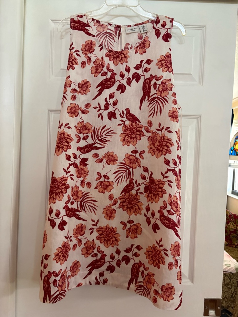 Rachel Zoe: CL, Sleeveless Floral and birds burgundy and peach on Cream dress
